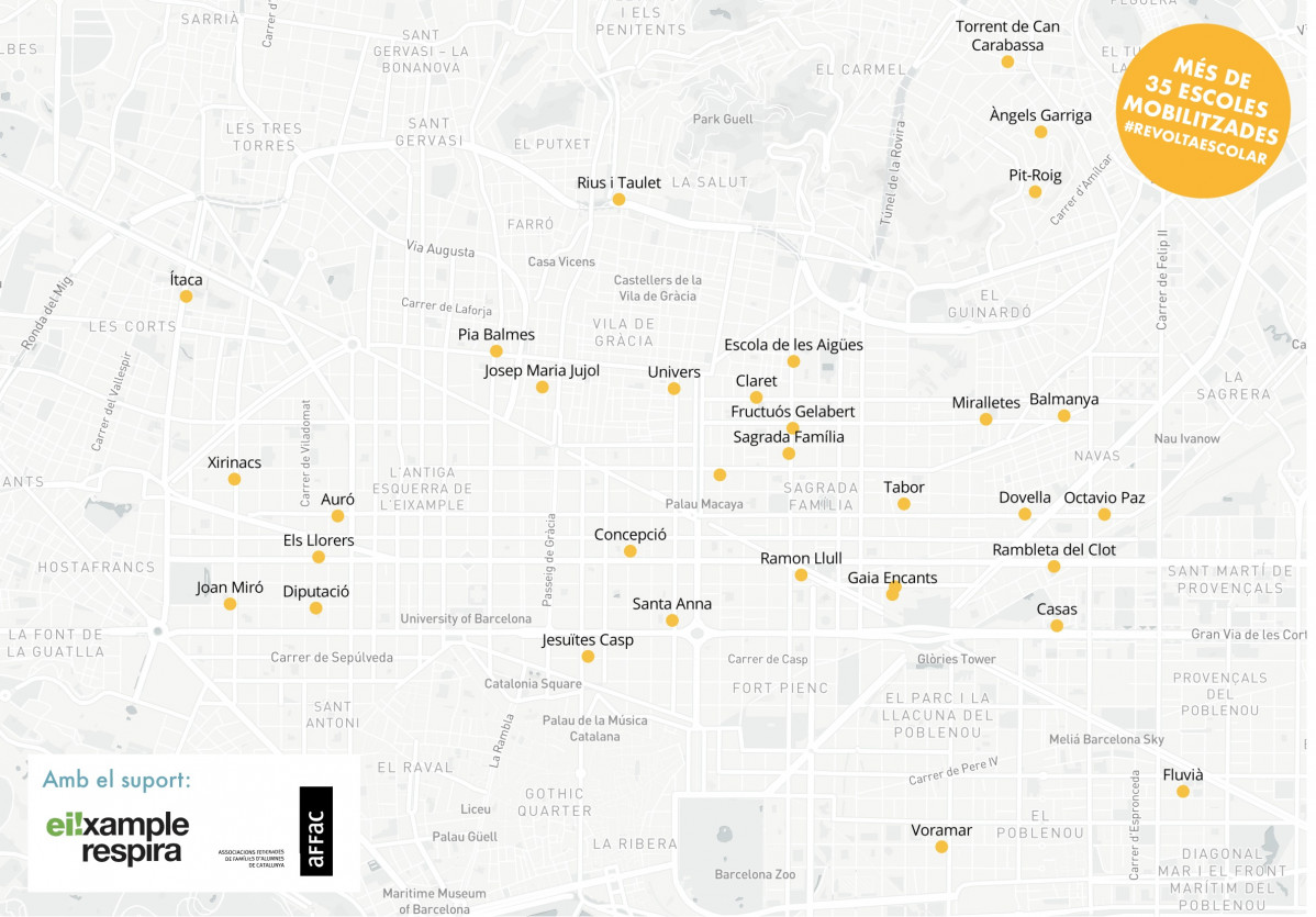 Mapa dels talls de carrers davant escoles programats per Eixample Respira