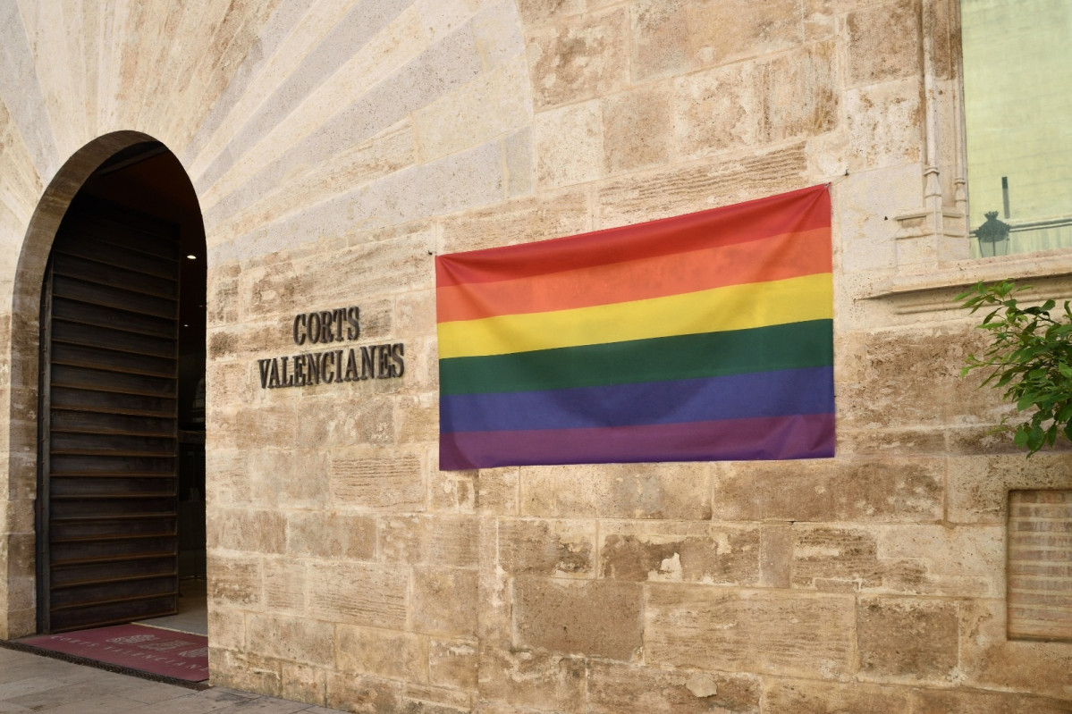 Bandera LGTBI a la façana de Les Corts