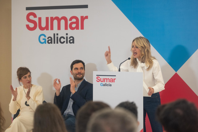 La líder de Sumar, Yolanda Díaz, intervé durant la presentació de la candidatura de Sumar Galícia per a la Presidència de la Xunta, a l'Hotel Porta do Camiño, el 27 de desembre de 2023, a Santiago de Compostel·la, la Corunya, Galícia (Espanya) ).