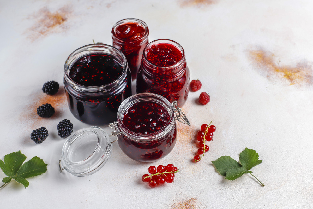 Assortment berry jams top view