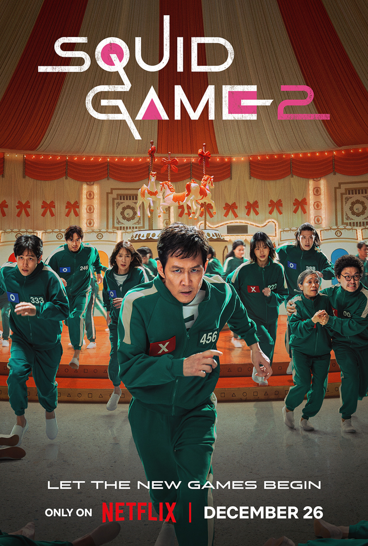 Key art for 'Squid Game' Season 2 featuring Lee Jung-jae es Seong Gi-hun running away from a merry-go-round.