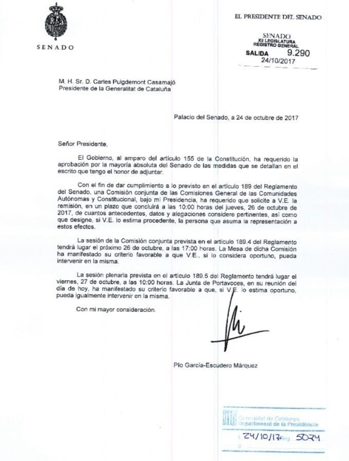 Notificació senat Puigdemont